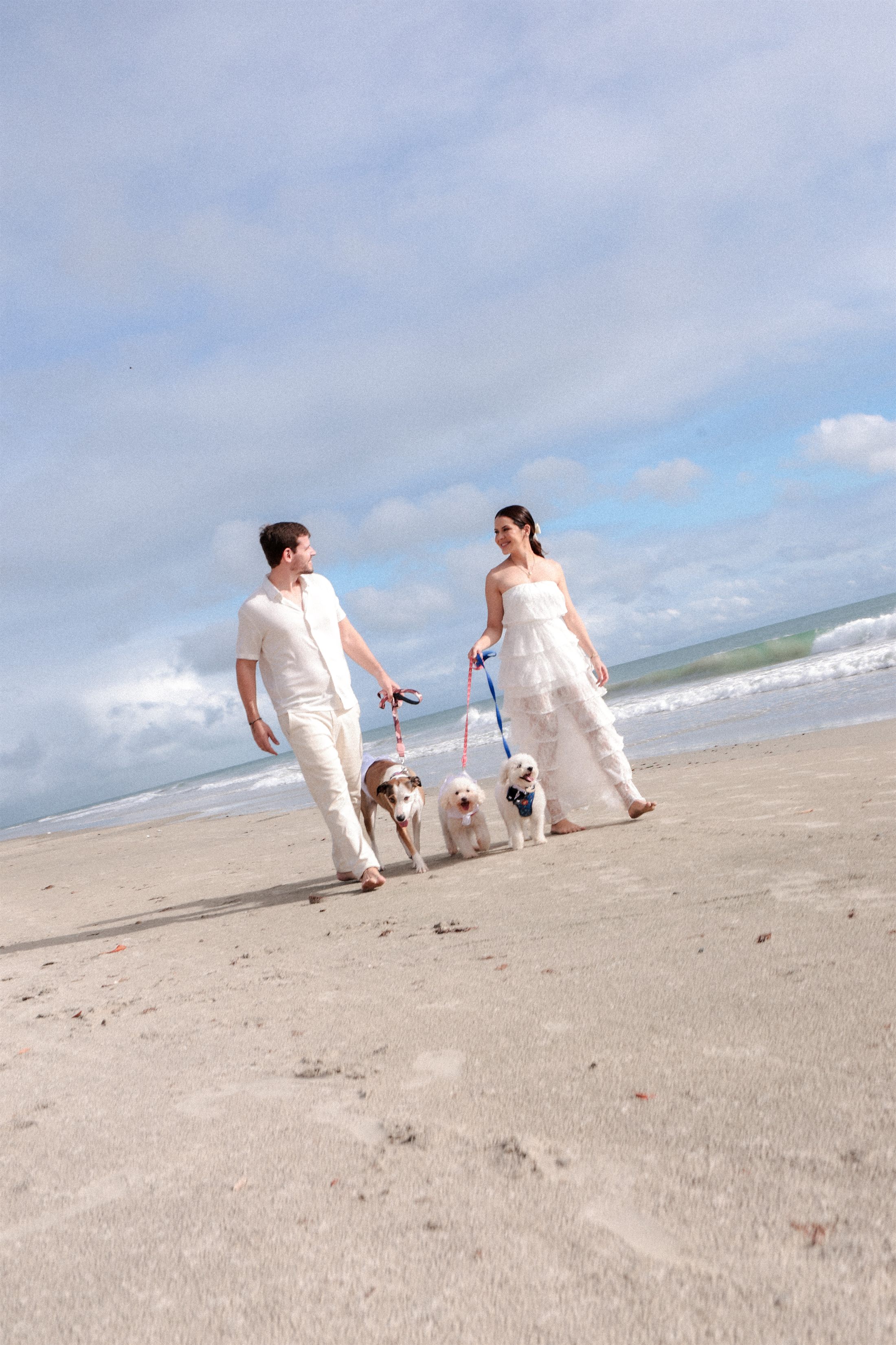 Ary e Érico caminhando na praia com Pitika, Amy e Bartho