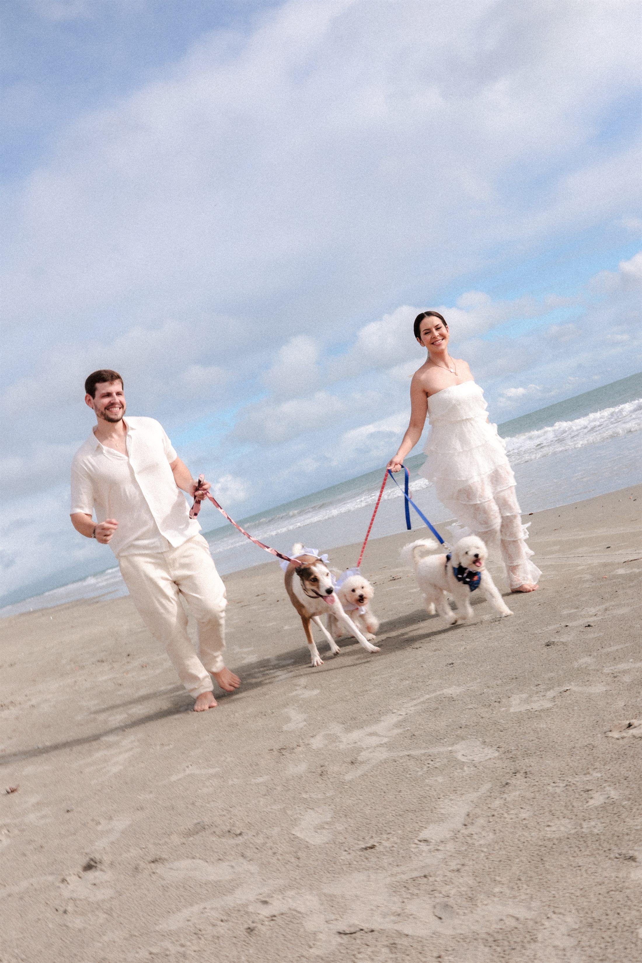 Ary e Érico passeando com os cachorros na areia